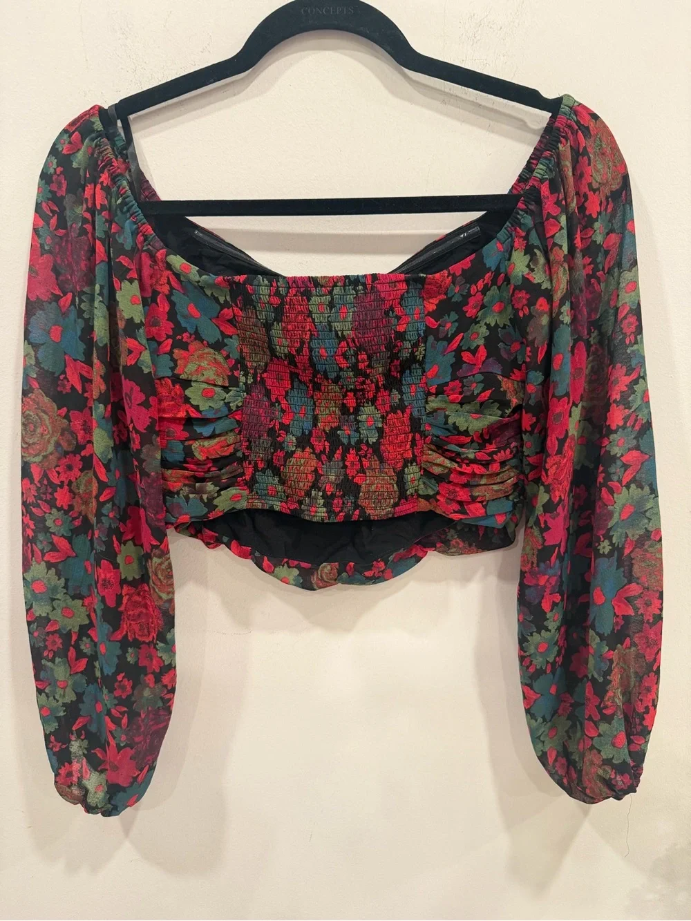 Free People Oh Layla Top Floral Crop Blouse Black Motif size XS